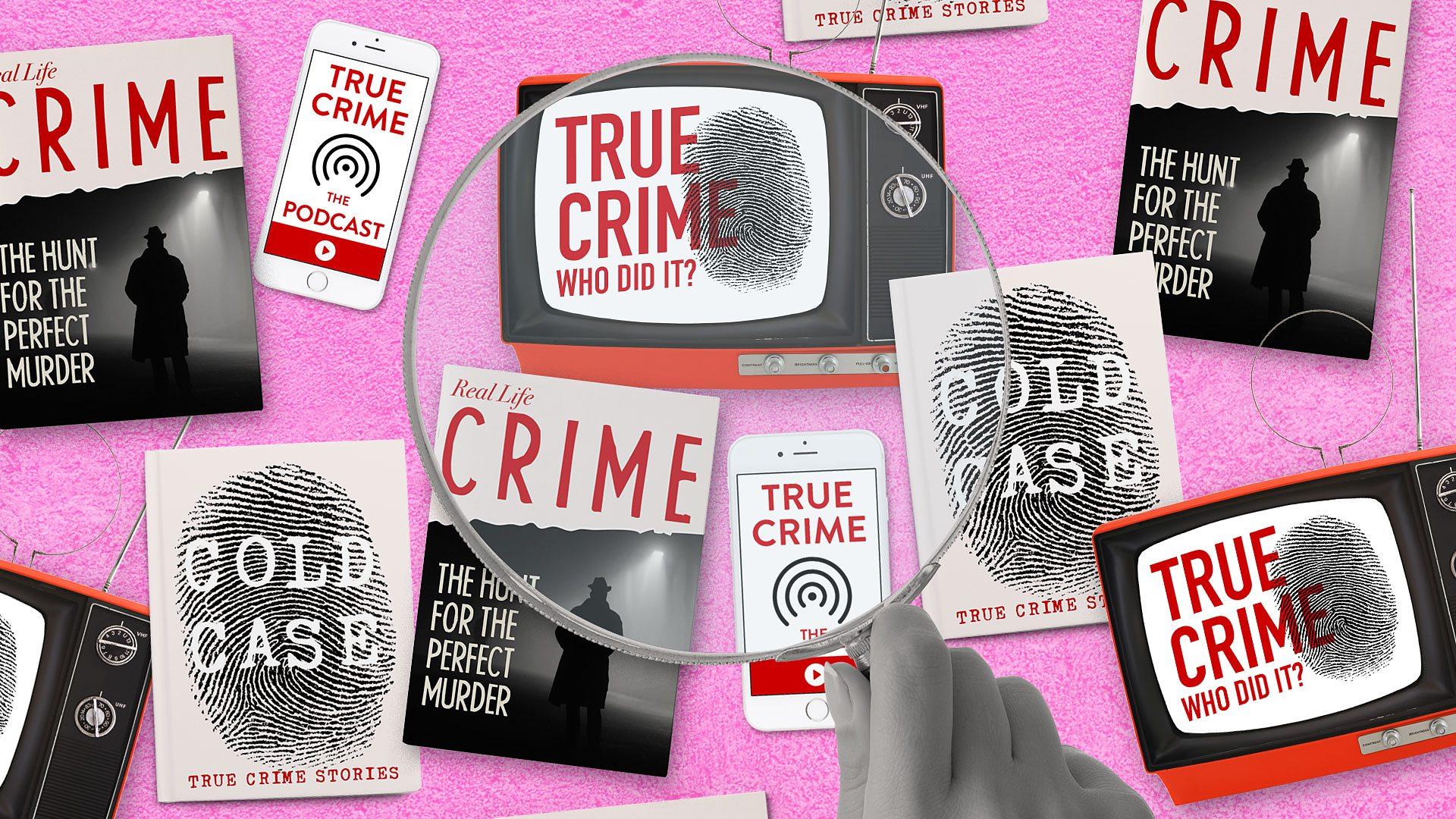 Collage of true crime audiobook covers—including “True Crime: Who Did It?” and “Cold Case”—scattered on a pink background with a magnifying glass highlighting a CD and smartphone playing the podcast.