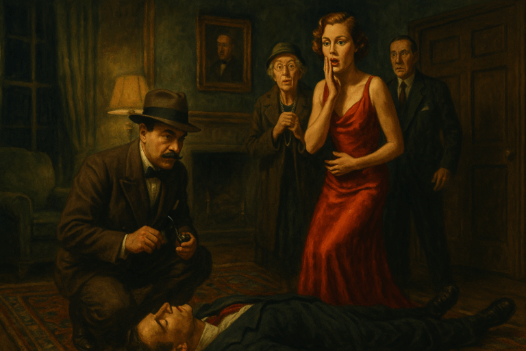 A detective kneels beside a dead man in a classic drawing room while three shocked individuals look on, in an Agatha Christie-inspired murder mystery scene.