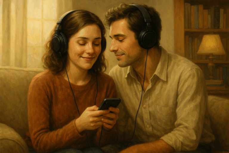 A young couple wearing headphones shares a warm moment while listening to an audiobook together in a softly lit room.