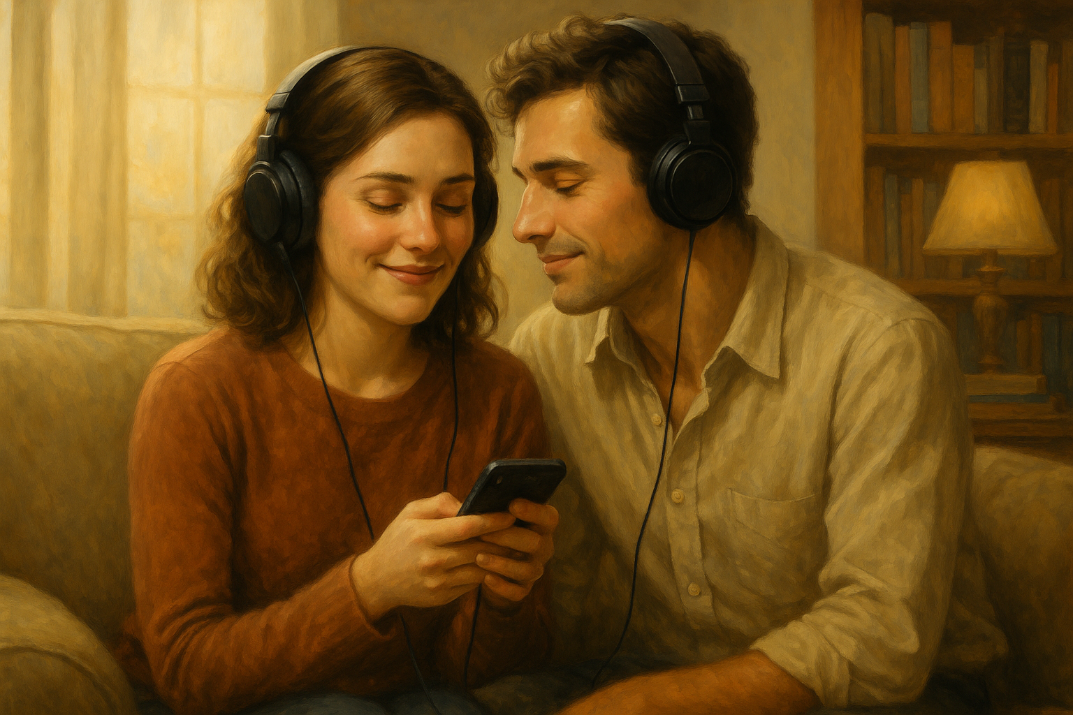 A young couple wearing headphones shares a warm moment while listening to an audiobook together in a softly lit room.