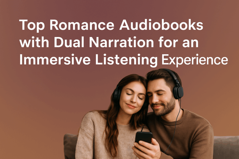 Couple wearing headphones, smiling while listening to an audiobook together, set against a soft gradient background with promotional text.