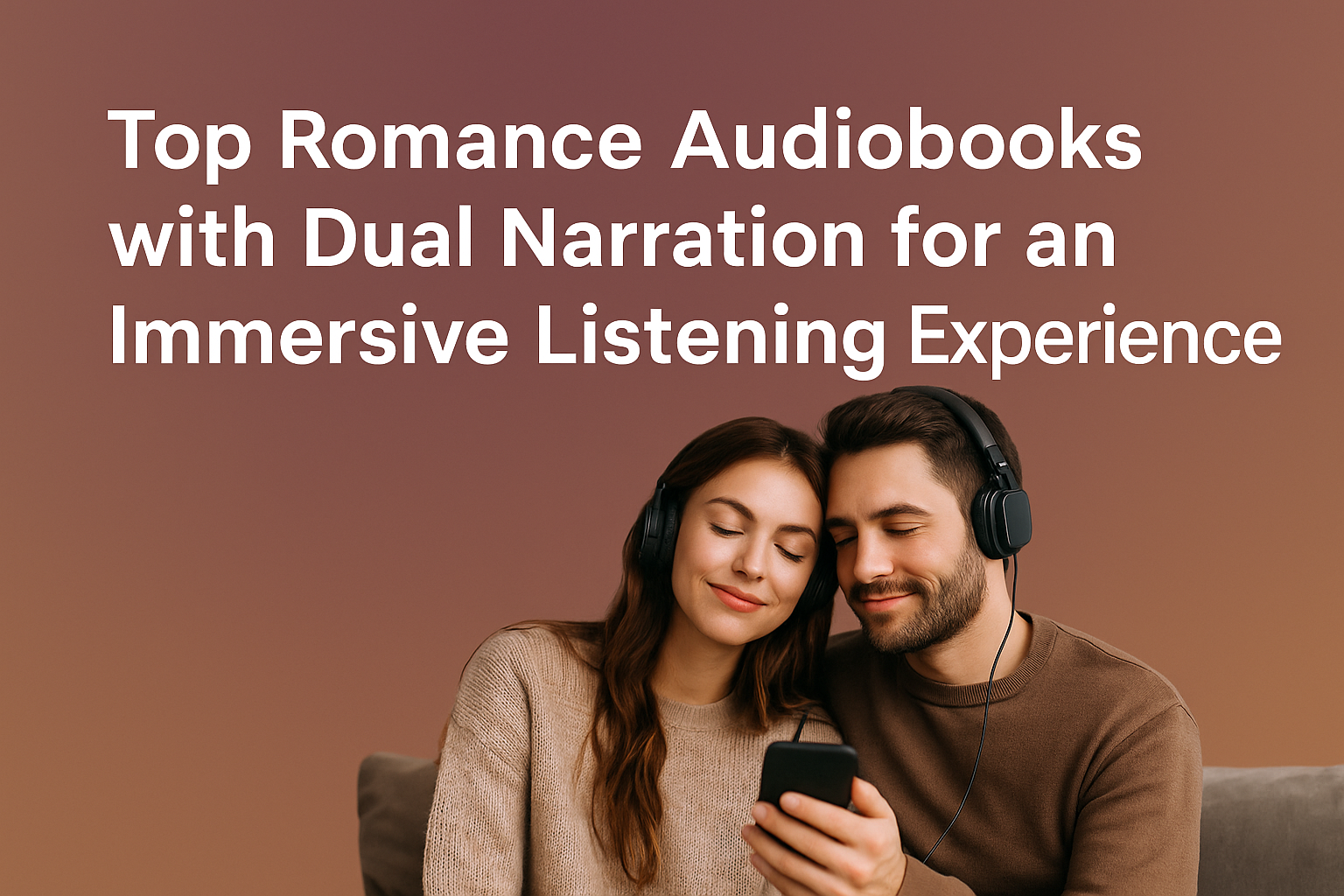 Couple wearing headphones, smiling while listening to an audiobook together, set against a soft gradient background with promotional text.
