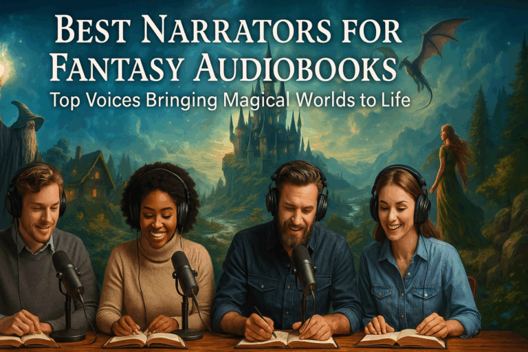 Fantasy audiobook narrators surrounded by magical books and enchanted landscapes – top voices in epic storytelling
