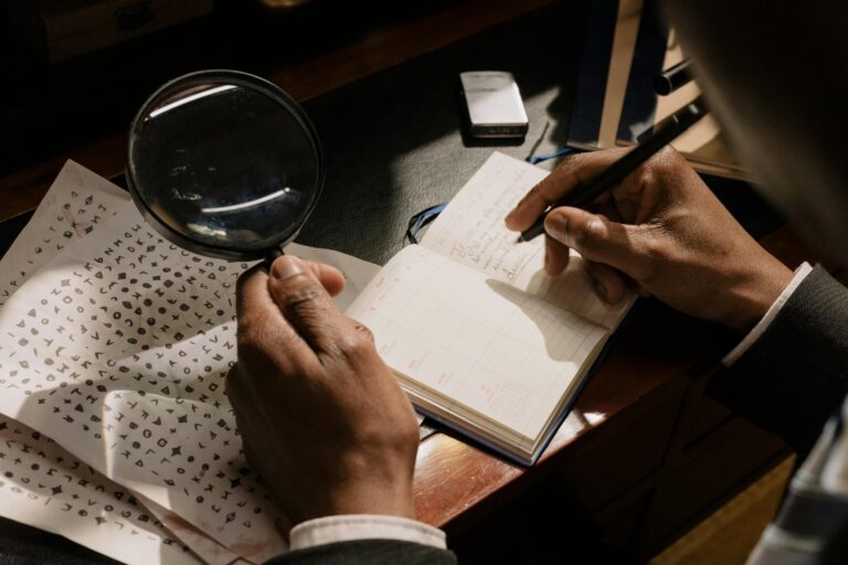 Detective analyzing cipher with magnifying glass and writing notes in a journal