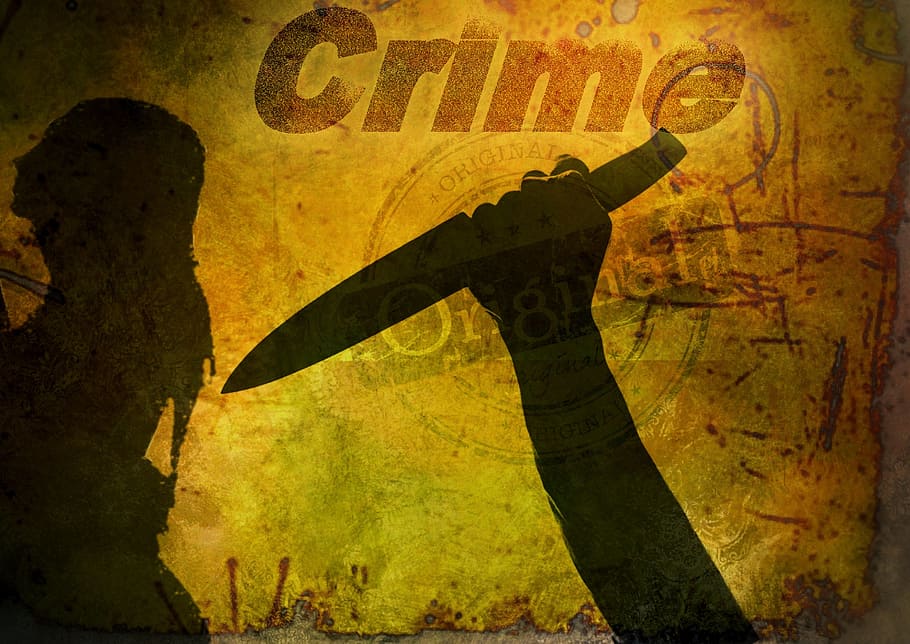 Silhouetted figure holding a knife with a shadowy woman in the background, symbolizing danger and suspense in a crime fiction setting.
