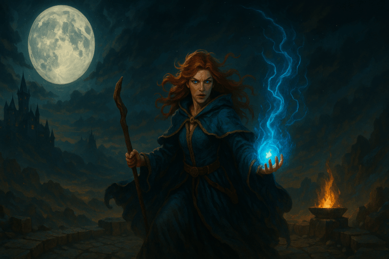 Epic fantasy sorceress casting a glowing spell under the full moon beside a burning brazier and distant gothic castle