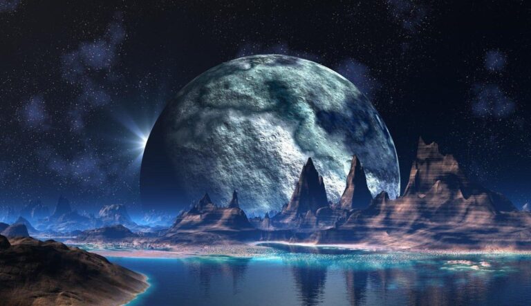 A glowing alien world with towering mountains, a giant moon, and luminous water under a star-filled night sky—evoking the setting of immersive sci-fi audiobook series.
