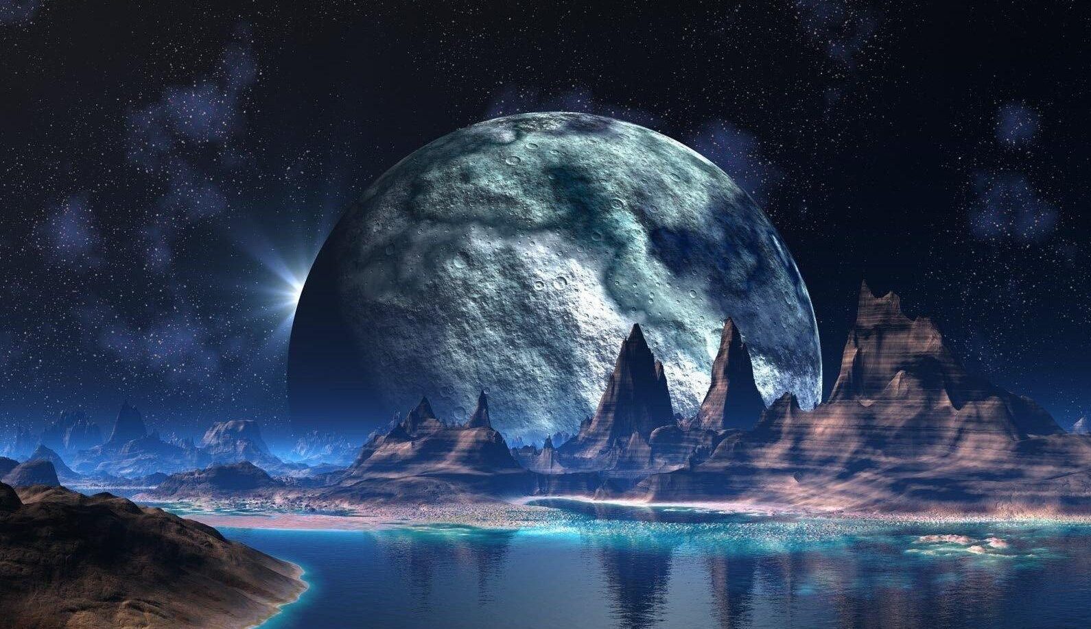 A glowing alien world with towering mountains, a giant moon, and luminous water under a star-filled night sky—evoking the setting of immersive sci-fi audiobook series.
