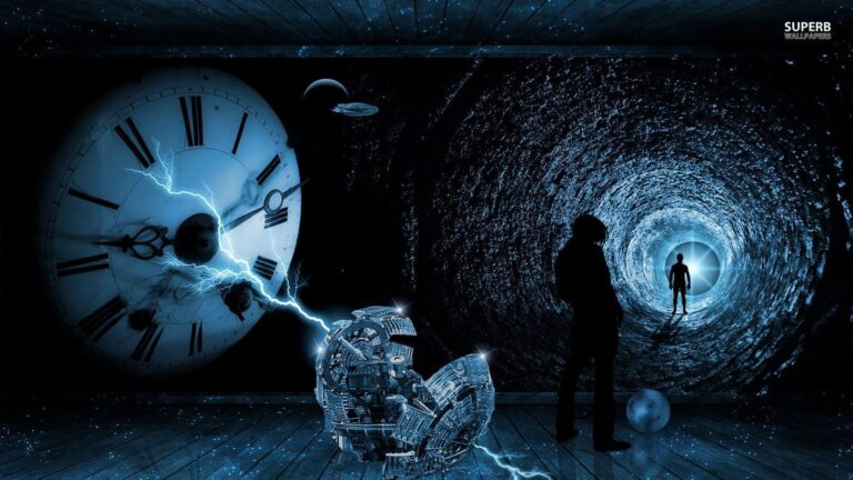 A glowing tunnel with silhouettes, a cracked clock, and a futuristic machine symbolizing time travel and science fiction storytelling.