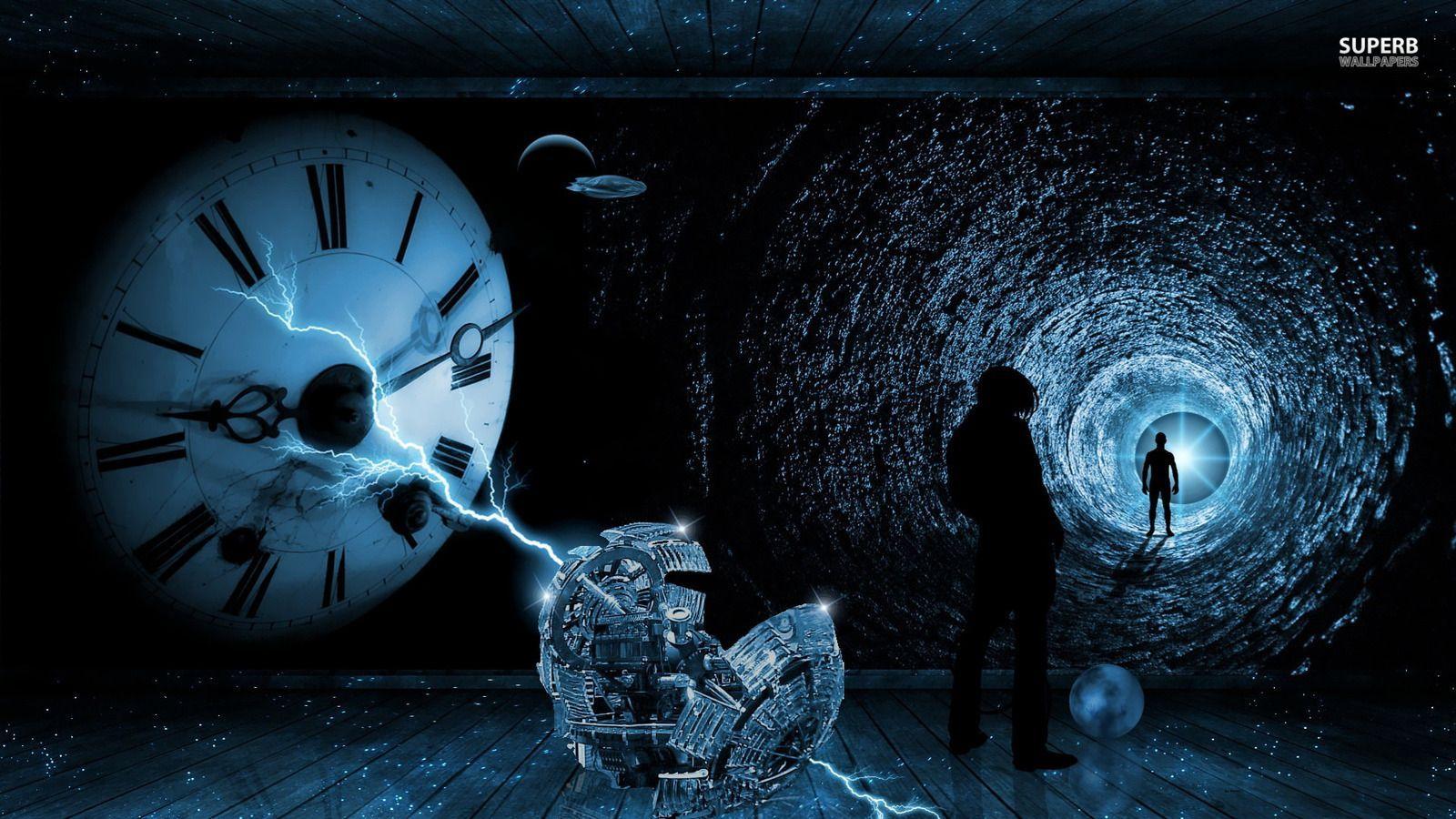 A glowing tunnel with silhouettes, a cracked clock, and a futuristic machine symbolizing time travel and science fiction storytelling.